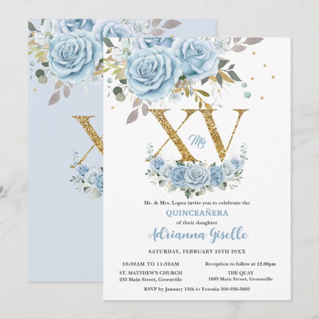 Baby blue Blommigt Guld XV Quinceañera Quince 15 Inbjudningar (Fram/baksida)