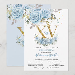 Baby blue Blommigt Guld XV Quinceañera Quince 15 Inbjudningar