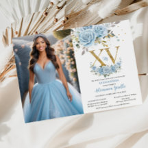 Baby blue Blommigt Guld XV Quinceañera Quince Phot