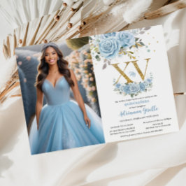 Baby blue Blommigt Guld XV Quinceañera Quince Phot Inbjudningar
