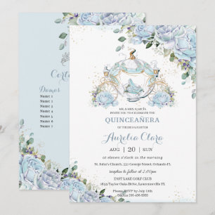 Baby blue Blommigt Princess Coach Quinceanera Cour Inbjudningar