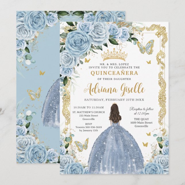 Baby blue Blommigt Princess Dress Guld Quinceanera Inbjudningar (Fram/baksida)
