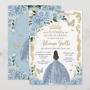 Baby blue Blommigt Princess Dress Guld Quinceanera Inbjudningar