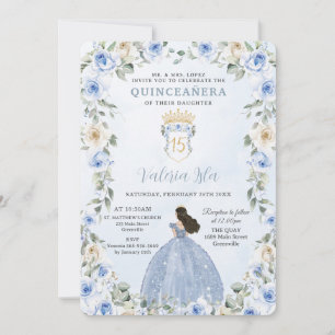 Baby blue Blommigt Princess Dress Guld Quinceañera Inbjudningar