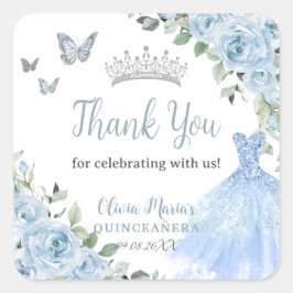 Baby blue Blommigt Princess Dress Silver Quinceañe Fyrkantigt Klistermärke