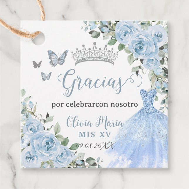 Baby blue Blommigt Princess Dress Silver Quinceañe Gåvor Etiketter (Framsida)