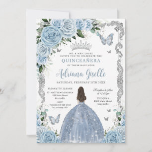 Baby blue Blommigt Princess Dress Silver Quinceane Inbjudningar