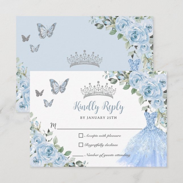 Baby blue Blommigt Princess Dress Silver Quinceañe OSA Kort (Fram/baksida)