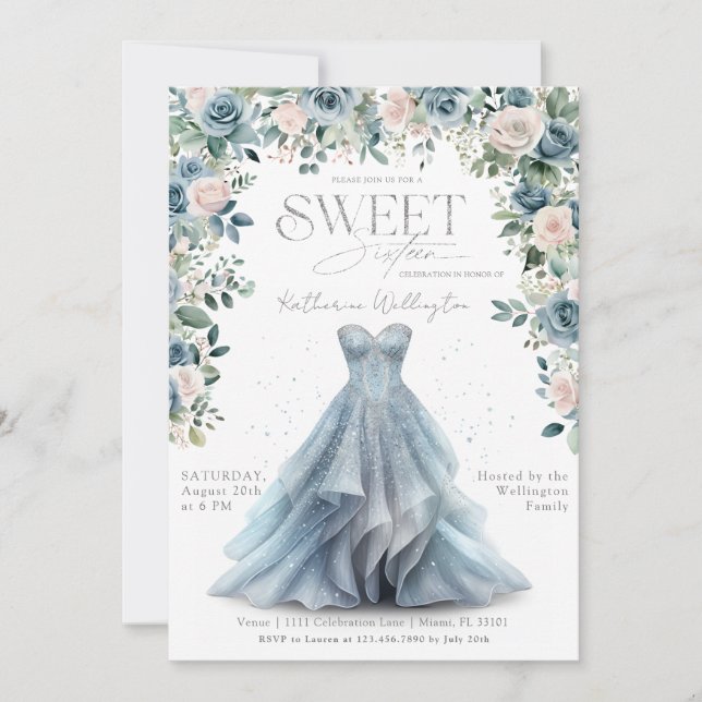 Baby blue Blommigt Princess Dress Sweet 16 sexton Inbjudningar (Framsida)