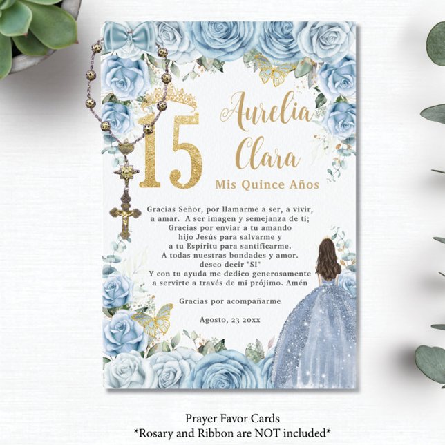 Baby blue Blommigt Princess Quinceañera Prayer Car Tilläggskort (baby blue roses floral gold 15 XV princess dress quinceanera rosary prayer card favors printed)
