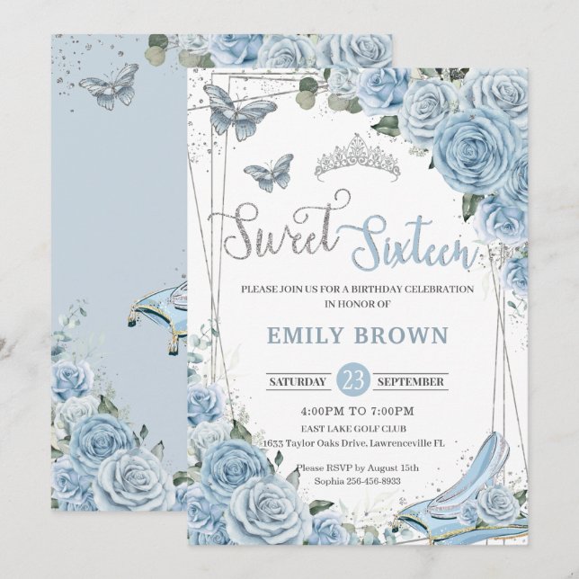 Baby blue Blommigt Princess Sweet sixteen 16:e Inbjudningar (Fram/baksida)