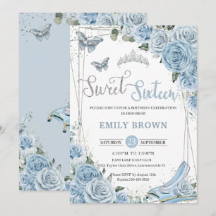 Baby blue Blommigt Princess Sweet sixteen 16:e Inbjudningar