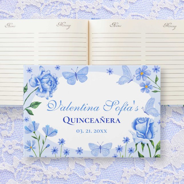 Baby blue Blommigt Quinceañera 15:e födelsedagen Gästböcker (Baby Blue Floral Quinceañera 15th Birthday Guest Book)