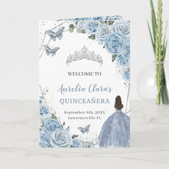 Baby blue Blommigt Quinceanera Princess Butterflie Program (Framsida)