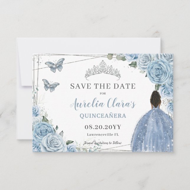 Baby blue Blommigt Quinceanera Sweet 16 Brown Girl Spara Datumet (Framsida)