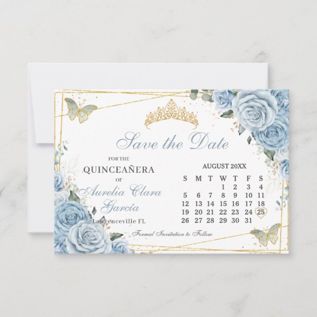 Baby blue Blommigt Quinceanera Sweet 16 Calendar Spara Datumet (Framsida)