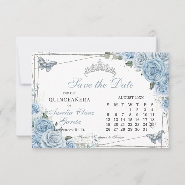Baby blue Blommigt Quinceanera Sweet 16 Calendar Spara Datumet (Framsida)