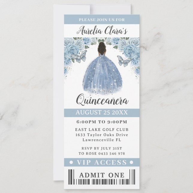 Baby blue Blommigt Quinceanera Sweet 16 VIP Biljet Inbjudningar (Framsida)