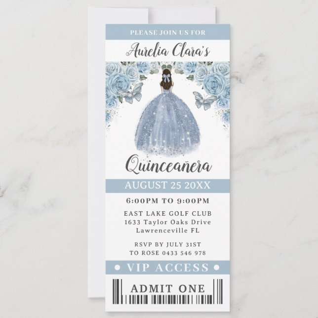 Baby blue Blommigt Quinceañera Sweet 16 VIP Biljet Inbjudningar (Framsida)