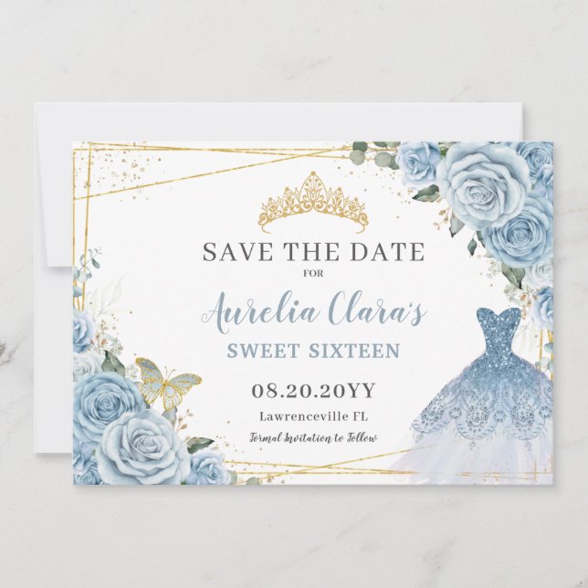 Baby blue Blommigt Quinceanera Sweet sixteen Dress Spara Datumet (Framsida)