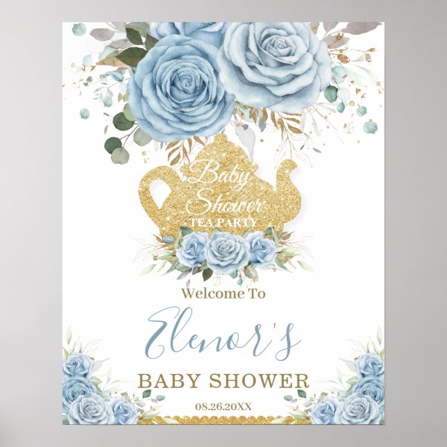 Baby blue Blommigt Ro Baby Shower High Tea Party Poster (Framsidan)