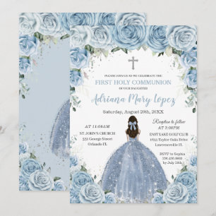 Baby blue Blommigt Ro Girl Silver First Communion Inbjudningar