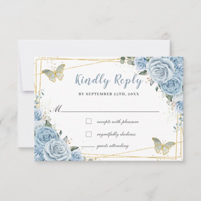 Baby blue Blommigt Ro Guld Quinceañera Butterfly OSA Kort (Framsida)
