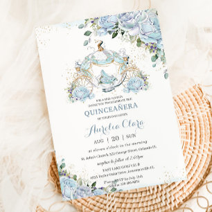 Baby blue Blommigt Ro Princess Coach Quinceanera Inbjudningar
