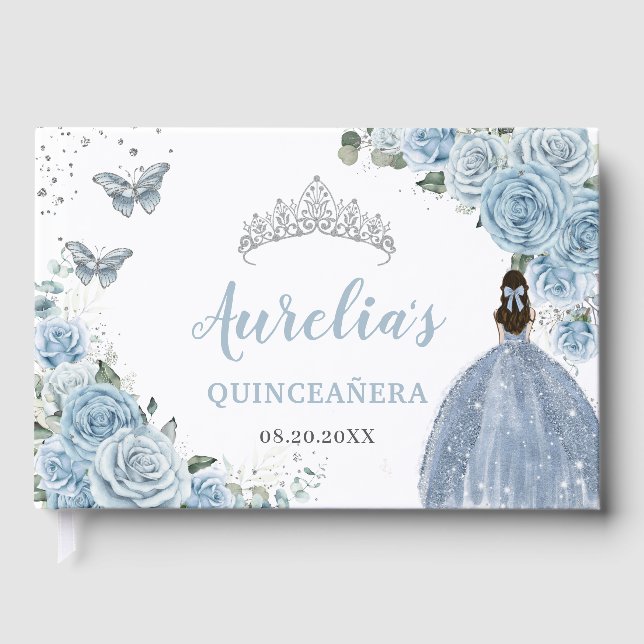 Baby blue Blommigt Ro Princess Silver Quinceañera Gästböcker (Framsida)