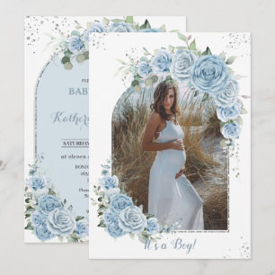 Baby blue Blommigt Silver babystödraster för Inbjudningar