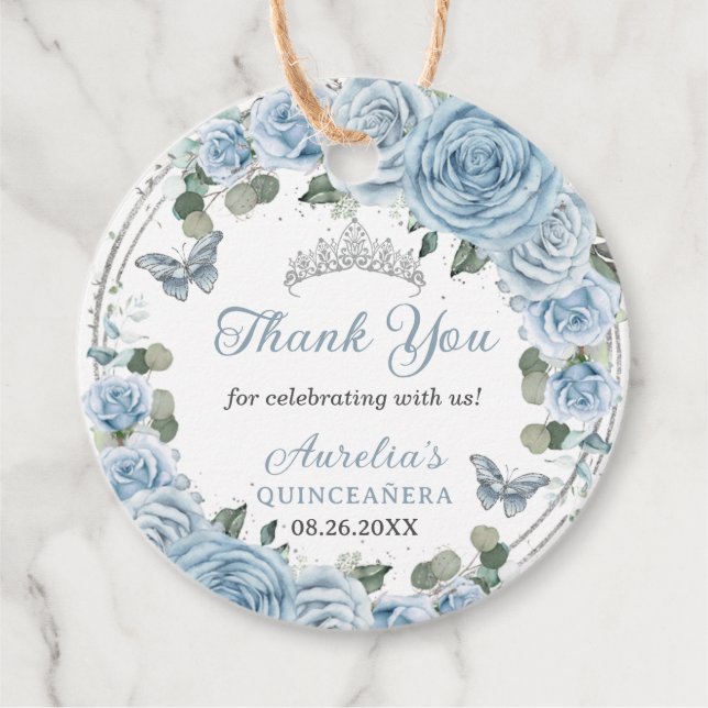 Baby blue Blommigt Silver Butterflies Princess Tia Gåvor Etiketter (Framsida)