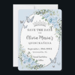 Baby blue Blommigt Silver Butterflies Quinceañera Spara Datumet<br><div class="desc">Anpassa den här söt baby blue blommigten Quinceañera / Sweet 16 / Cincoañera-födelsedag spara datumet enkelt och snabbt. Klicka bara på knappen Anpassa den ytterligare för att redigera texterna, ändra typsnitt och typsnitt färg. Med vackra baby blue blommor, silver och blå fjärilar och silver prinsessan krona. Matchande artiklar tillgängliga i...</div>