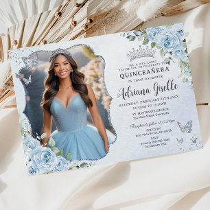 Baby blue Blommigt Silver Quinceañera 16:e Bild Inbjudningar