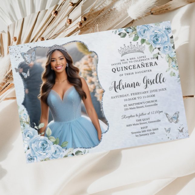 Baby blue Blommigt Silver Quinceañera 16:e Bild Inbjudningar (Skapare uppladdad)