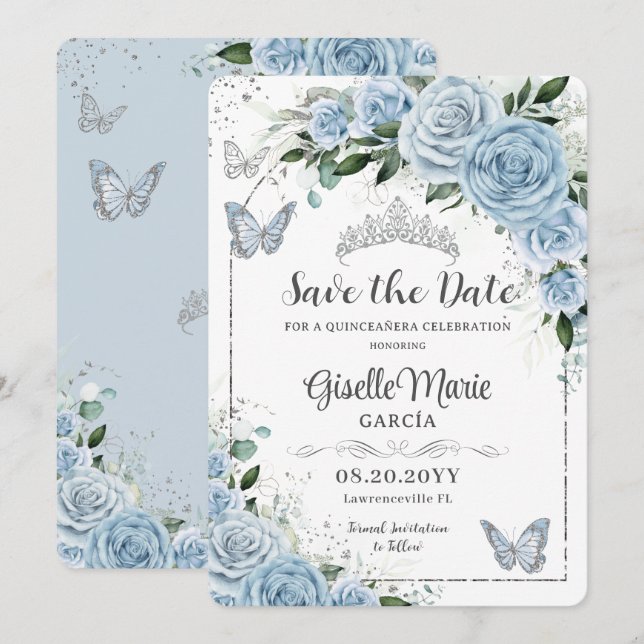 Baby blue Blommigt Silver Quinceañera Butterflies Spara Datumet (Fram/baksida)