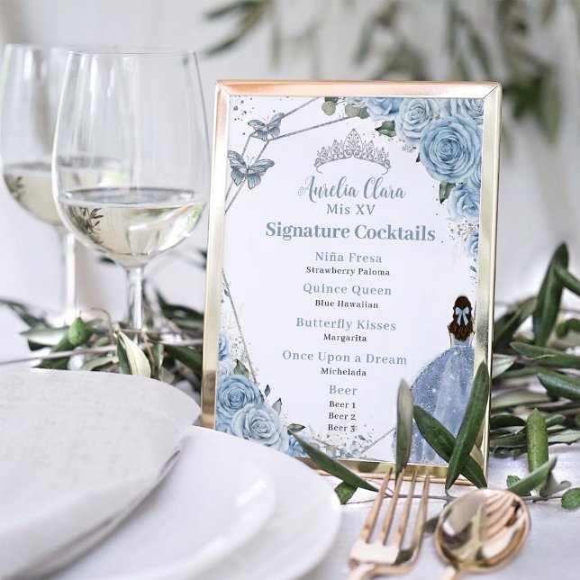 Baby blue Blommigt Silver Quinceañera Drink Menu Poster (Skapare uppladdad)