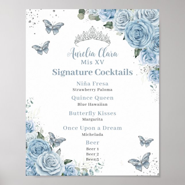 Baby blue Blommigt Silver Quinceanera Pub Drink Me Poster (Framsidan)