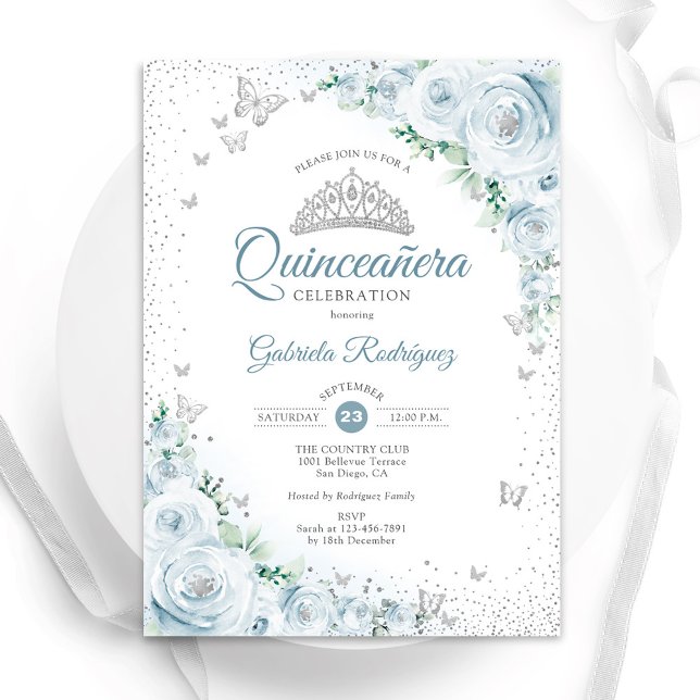 Baby blue Blommigt Vatercolor Ro Quinceanera Inbjudningar (Skapare uppladdad)