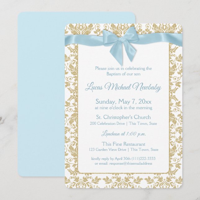 Baby blue Bow- och Guld-skorpdopptism Inbjudningar (Fram/baksida)