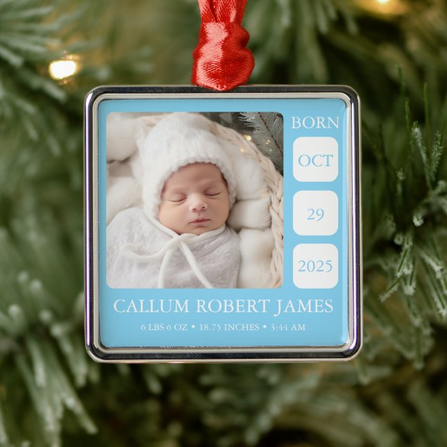 Baby Blue Boy Birth Stats Metal Photo Ornament (Träd)