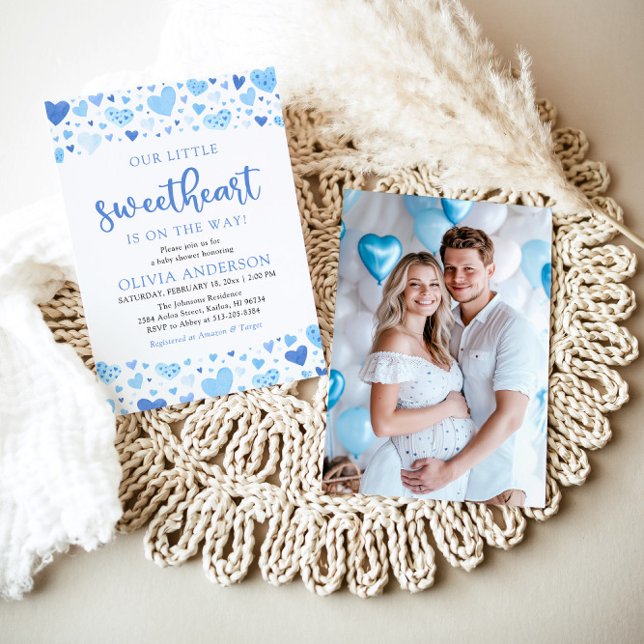 Baby Blue Boy Valentine Baby Shower Inbjudningar (Watercolor Cute A Little Sweetheart Baby Blue Boy Hearts Valentine Photo Baby Shower Invitation)