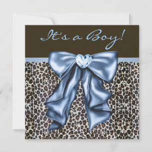 Baby Blue Brun Leopard Baby Pojke Bebis Shower Inbjudningar