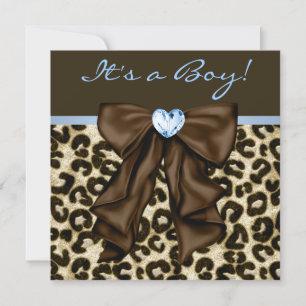 Baby Blue Brun Leopard Baby Pojke Bebis Shower Inbjudningar
