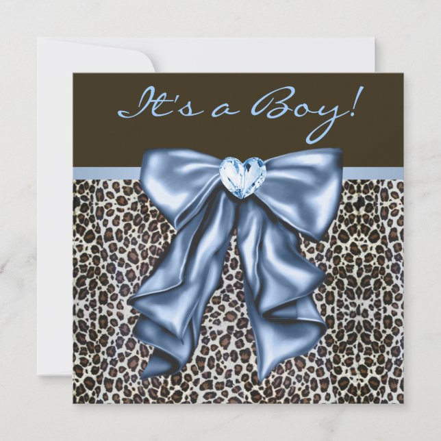 Baby Blue Brun Leopard Baby Pojke Shower Inbjudningar (Framsida)