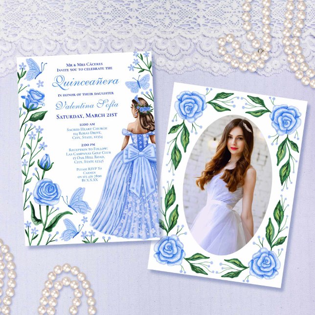 Baby blue Butterflies Princess Photo Quinceanera Inbjudningar (Baby Blue Butterflies Princess Photo Quinceanera Invitation)