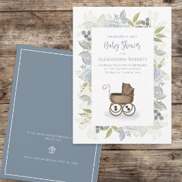Baby blue Carriage Gift-Blommigt för vattenfärg Inbjudningar
