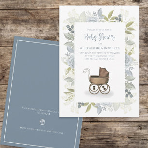 Baby blue Carriage Gift-Blommigt för vattenfärg Inbjudningar