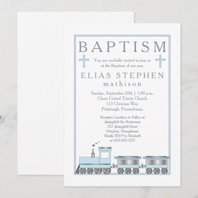 Baby blue Choo Choo Tåg Boy Baptism Inbjudningar (Fram/baksida)