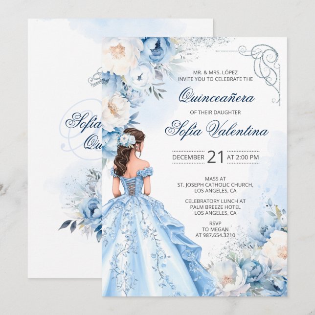 Baby blue Cinderella Quinceañera-inbjudan Inbjudningar (Fram/baksida)