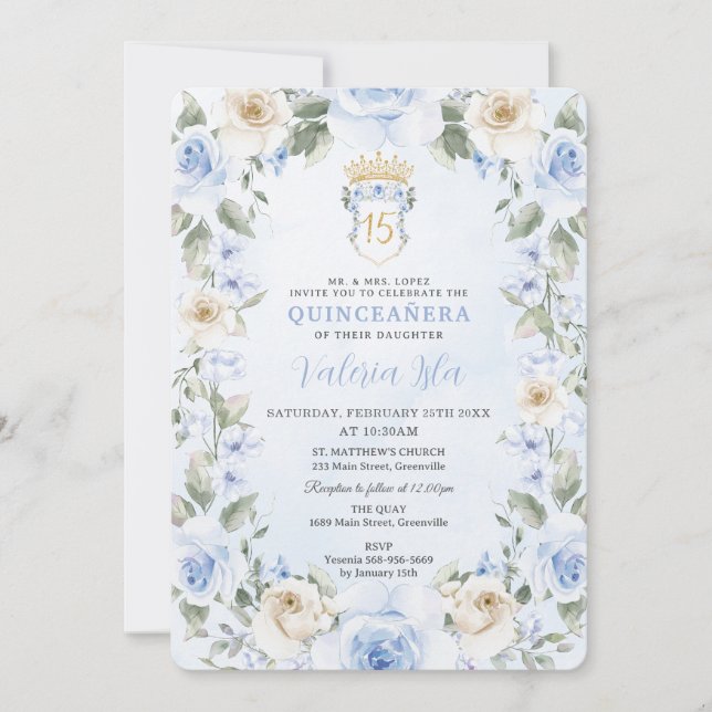 Baby blue Cream Blommigt WAN Guld Quinceañera Inbjudningar (Framsida)